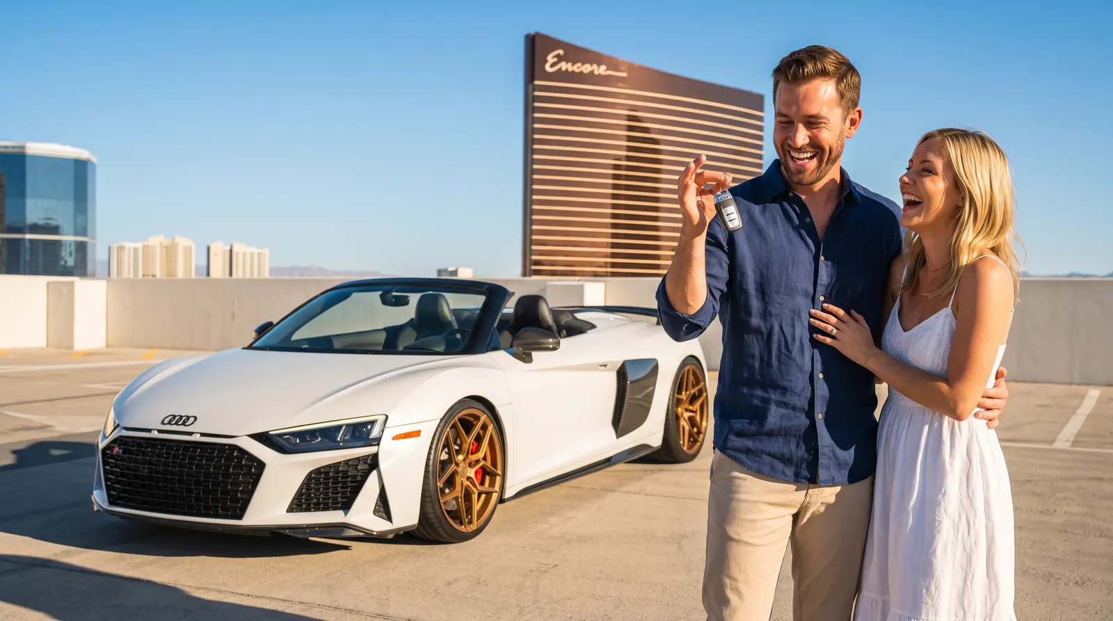 Couple laughing with the keys to a white Audi R8 Spyder on a Las Vegas rooftop