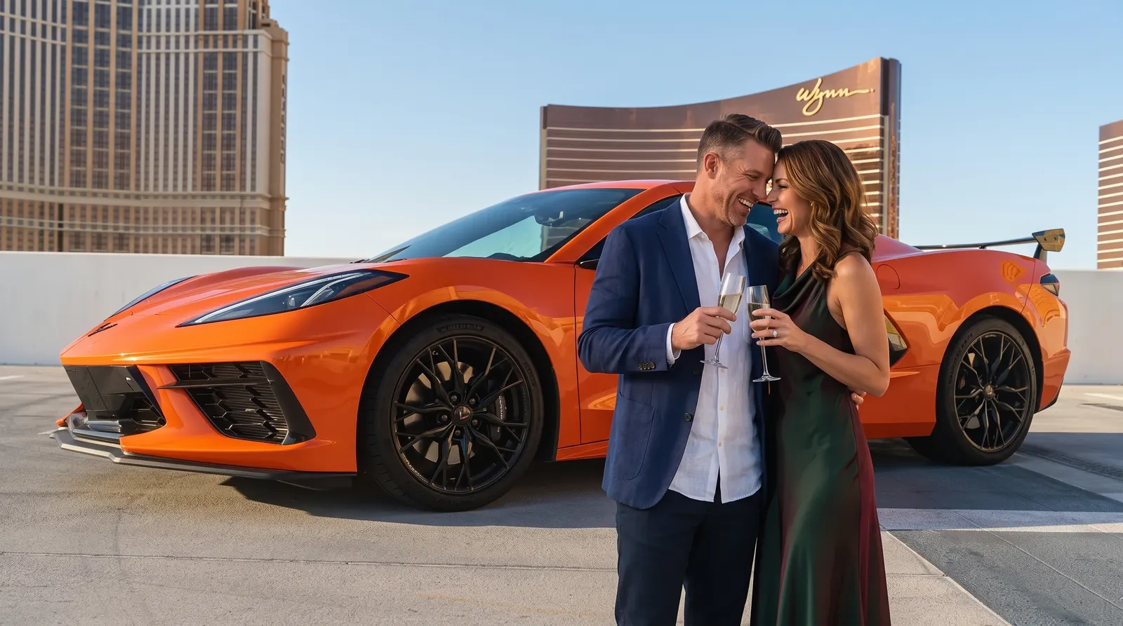 Couple cheering beside an orange Chevrolet Corvette C8 rental