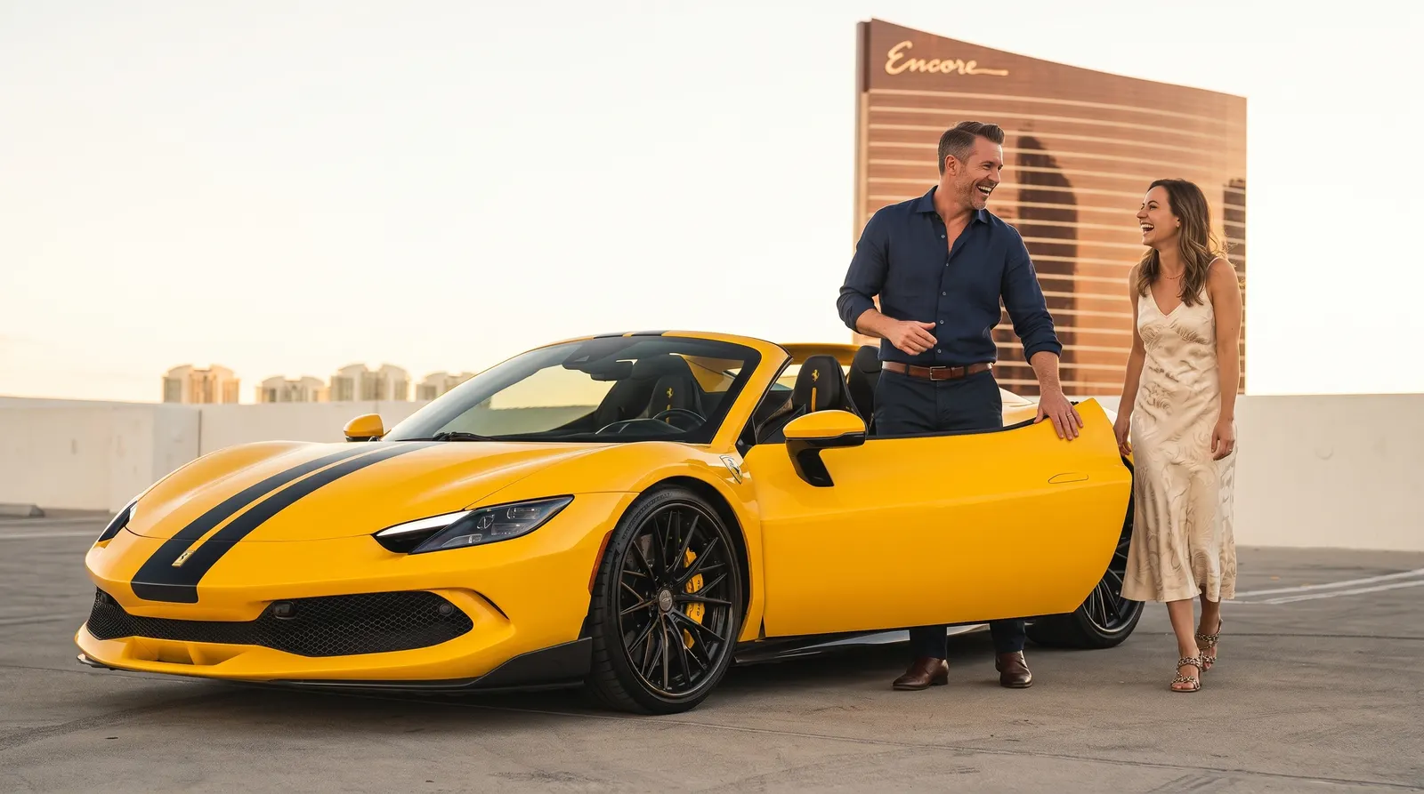 Couple toasting with champagne beside a yellow Ferrari 296 GTS