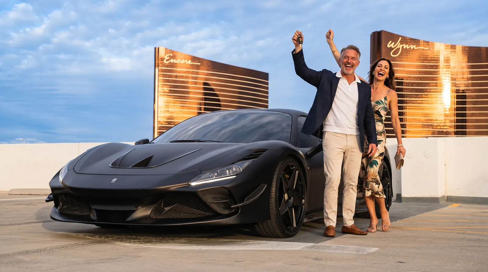 Couple celebrating next to a matte black Ferrari F8 Spider at golden hour