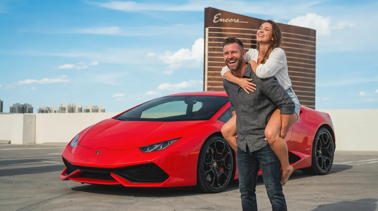 Couple laughing piggyback-style beside a red Lamborghini Huracan