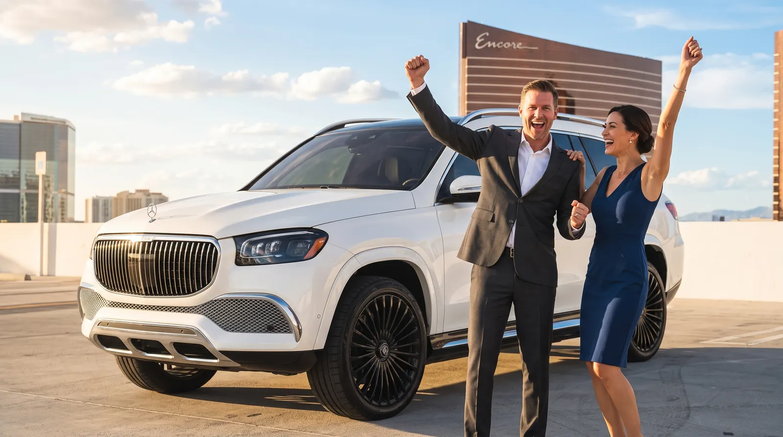 Couple celebrating beside a white Mercedes-Maybach GLS 600 in Las Vegas
